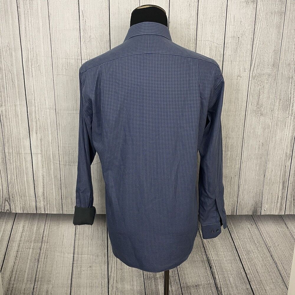 Paul Fredrick Mens Size 16 Blue Houndstooth Slim Fit Non-Iron Button-Front Shirt - Picture 5 of 7